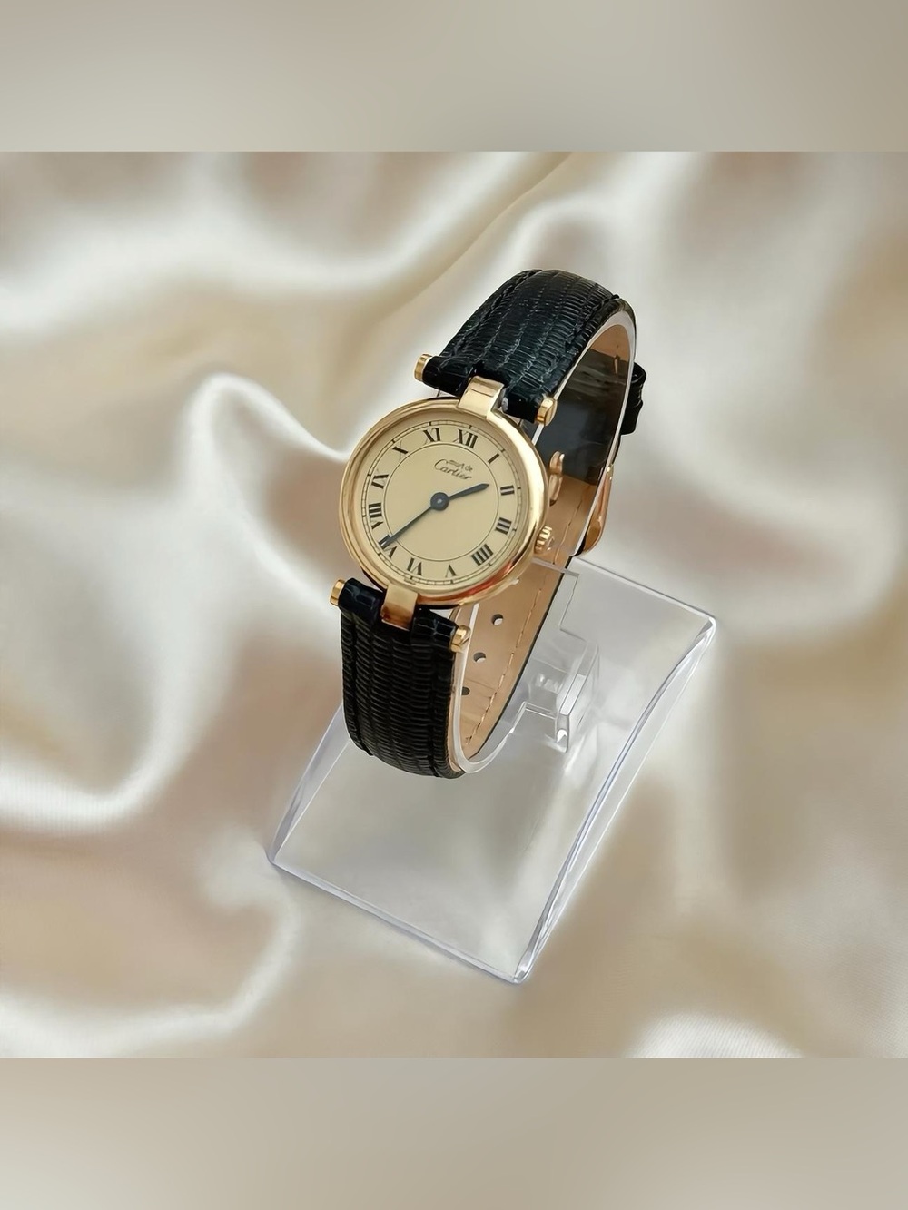 AUTHENTIC VINTAGE CARTIER BLACK LEATHER WATCH - WITH BOX - Picture 4 of 7